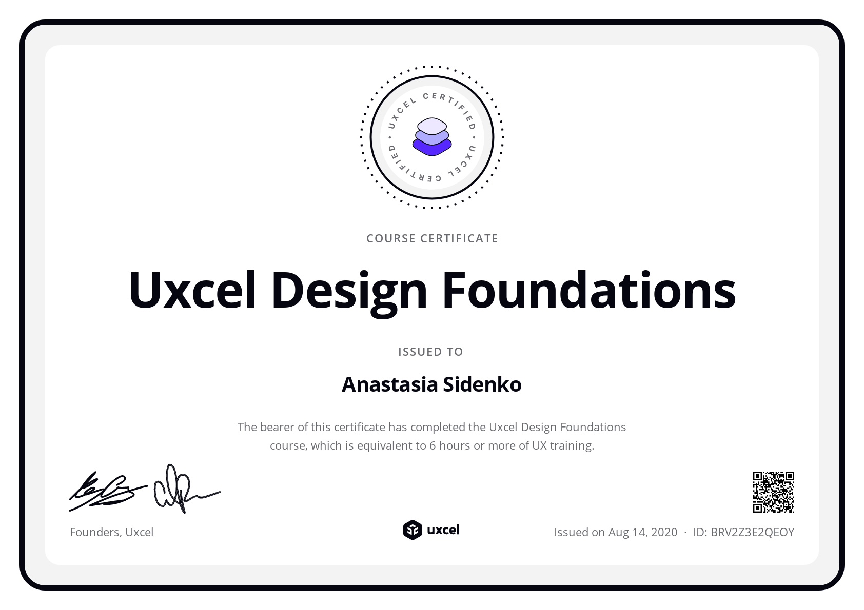 Anastasia Sidenko's certificate